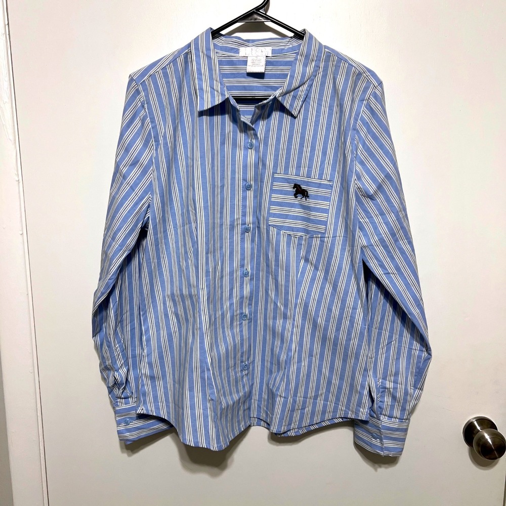 Womens Striped Button Down Top XL Blue White Horse Embroidered Equestrian Preppy